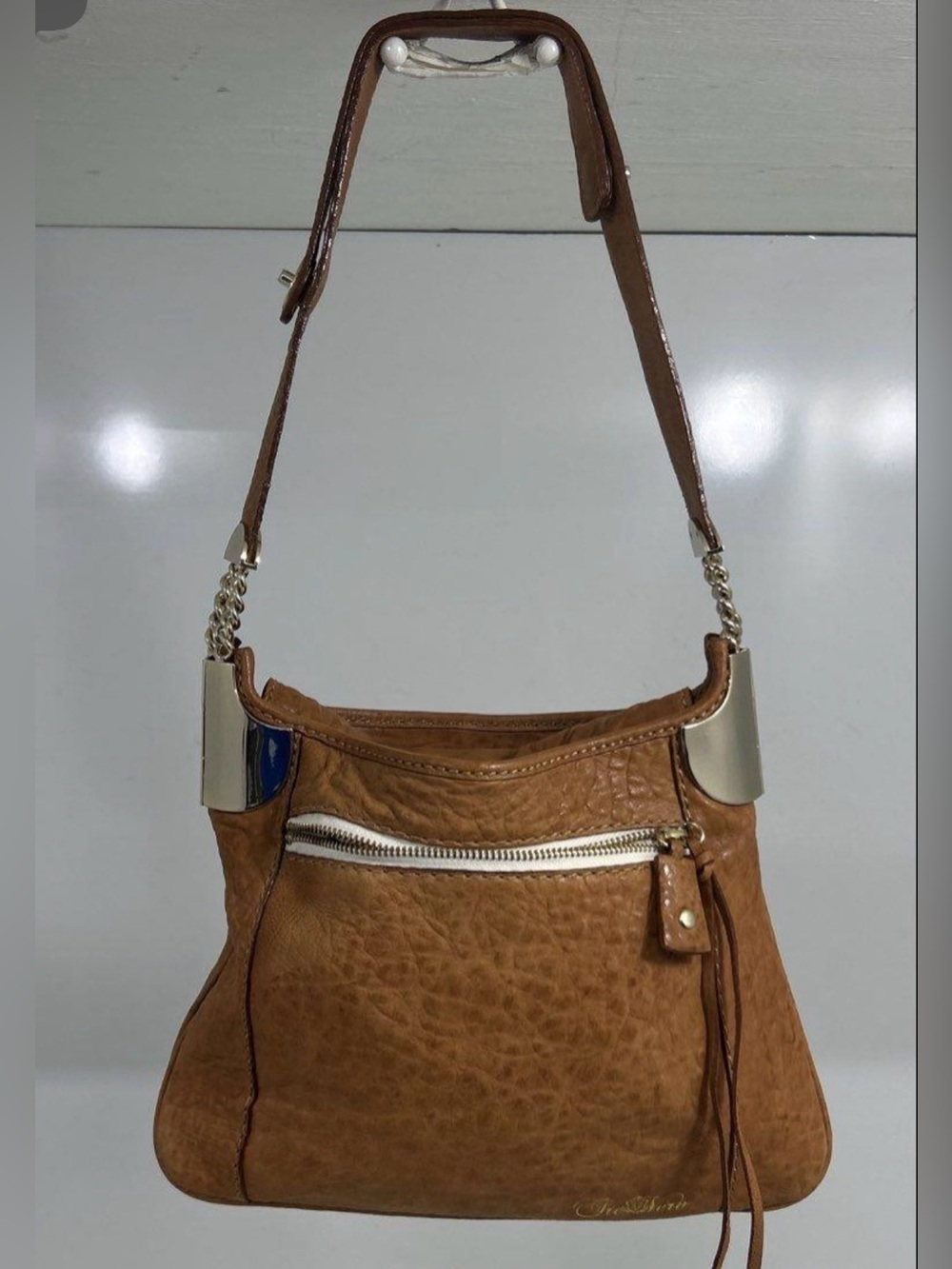 Tre Vero Cognac Brown Pebbled Leather Hobo Shoulder Bag Gold Chain Hardware